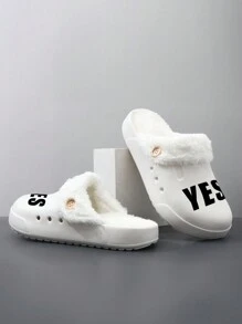 2025 Customized Laser Engraved Comfortable Women Winter Flat Wooden Sandals, Solid Color Slip-On Round Toe With Warm Lining Indoor Mules, Soft Thick Sole Warm Fleece Unisex Slippers, Casual Style Suitable For Adults, Nurses, Chefs, Gardeners