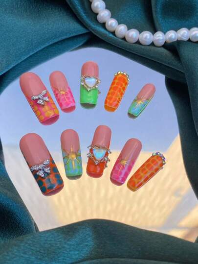 10 Pieces Of Pure Handmade Color French Magic Mirror Powder Sun Metal Bow Color Halo Personalized Sweet Cool Love Suitable For Party New Year Wear Can Be Worn Repeatedly Nails Press On Nails Nail Supplies Nails