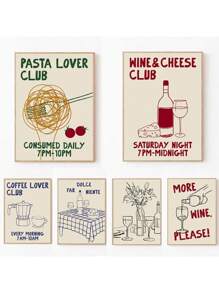 1 件手绘厨房摩卡壶咖啡意大利面爱好者葡萄酒和奶酪食物印刷墙艺术帆布画海报客厅家居装饰无框架