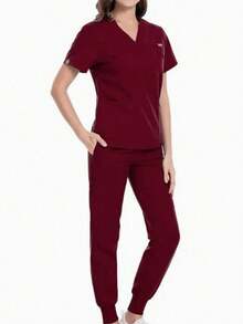 女士纯色短袖上衣和裤子手术服套装