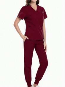 Ensemble uniforme de blouse à manches courtes et pantalon de couleur unie pour femmes