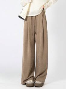 女士纯色休闲简约抽绳腰部褶皱镀层日常运动裤 - 卡其色 - 查看 3