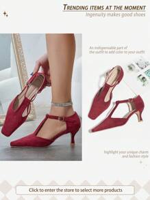 Women's Red Square Toe Mid-Heel Mary Jane Shoes, Pointed Toe Hollow Closed Toe Ankle Strap High Heel Sandals