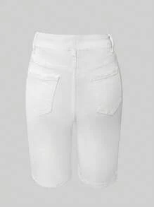 Women Distressed Ripped High Waist Denim Cycling Shorts, Casual For Spring/Summer Holiday - White - View 4