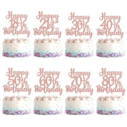 1pc Rose Gold Happy 18th/21st/30th/40th/50th/60th/70th/80th Birthday Cake Topper, Suitable For Birthday Party Anniversary Cake Decor