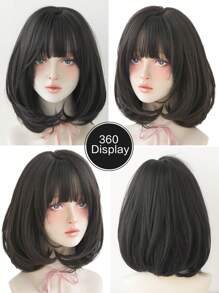 7JHH WIGS Short Black Bob Wig With Bangs,Dark Brown Shoulder Length Wigs Natural Synthetic Heat Resistant Fiber Layered Curly Wigs For Women Daily School Use 16 Inch