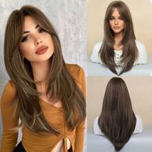 7JHH WIGS 24 Inch Long Honey Brown Wig For Women, Elegant Fluffy Layered Wig With Curtain Bangs, Highlight Blonde Hair Natural Looking Synthetic Fiber Wigs For Daily,Music Festival Party Use Mother's Day Gift - 彩色 - 查看 11