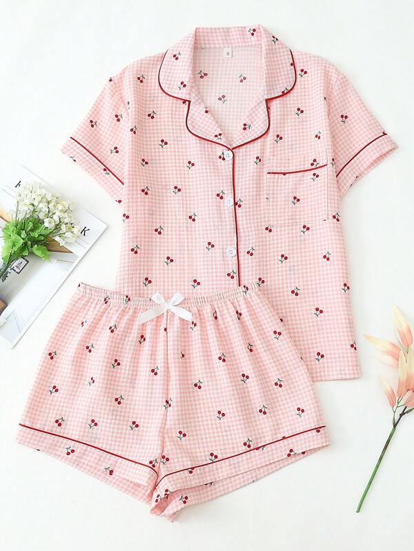 2pcs Women Cute Cherry Print Pajama Set, Lapel Button Short Sleeve Top And Bow Shorts, Summer Sleepwear And Loungewear,Two Pieces Set
