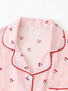 【优雅田园】女士可爱樱桃印花睡衣套装（两件套），翻领纽扣短袖上衣搭配蝴蝶结短裤，夏季睡衣家居服，两件套 - 粉色 - 查看 3