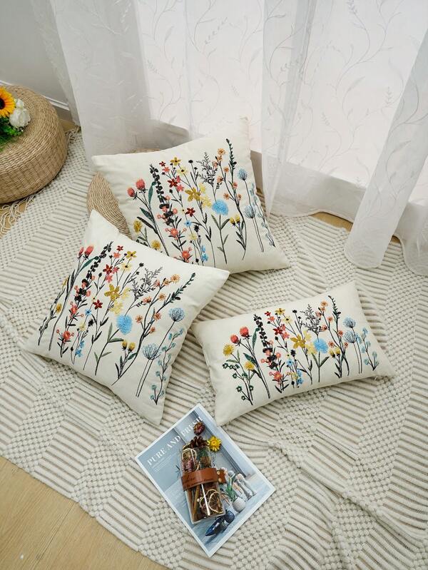 1pc, Canvas Flower Grass Embroidery Throw Pillow Cover Without Pillow Insert, Machine Washable, Zip Closure - Perfect For Home Decor Gifts Birthday Graduation