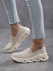 Sneaker con calzino da donna, senza lacci, con suola spessa, comoda, casual, sportiva e traspirante - Beige - Visualizzare 3