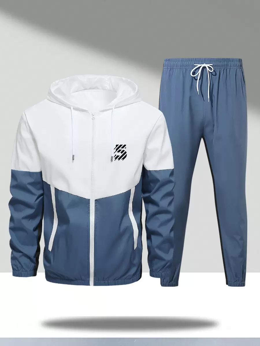 1 套男士休闲字母印花连帽衫夹克和松紧袖口裤子春秋运动套装 - 藍色 - 查看 1