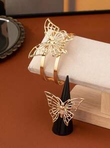 Fashionable High-End Hollow Butterfly Shaped Metal Bracelet And Ring Set, Suitable For Daily, Party, Holiday Wear - Yellow Gold - View 3