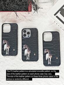 Funda de teléfono con correa de muñeca de caballo blanco, funda protectora 2 en 1 compatible con teléfonos modelo iPhone, con cubierta trasera de PU con estampado de cocodrilo negro de lujo y caballo impreso con UV, y soporte de teléfono ajustable