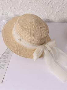 New Lace Pearl Mesh Bow Decor Straw Hat, Sweet Wide Brim Sun Hat For Summer Vacations, UV Protection, Fashionable & Versatile Casual Boho Vintage Streetwear, Polyester, Bow Accent, Spring/Summer