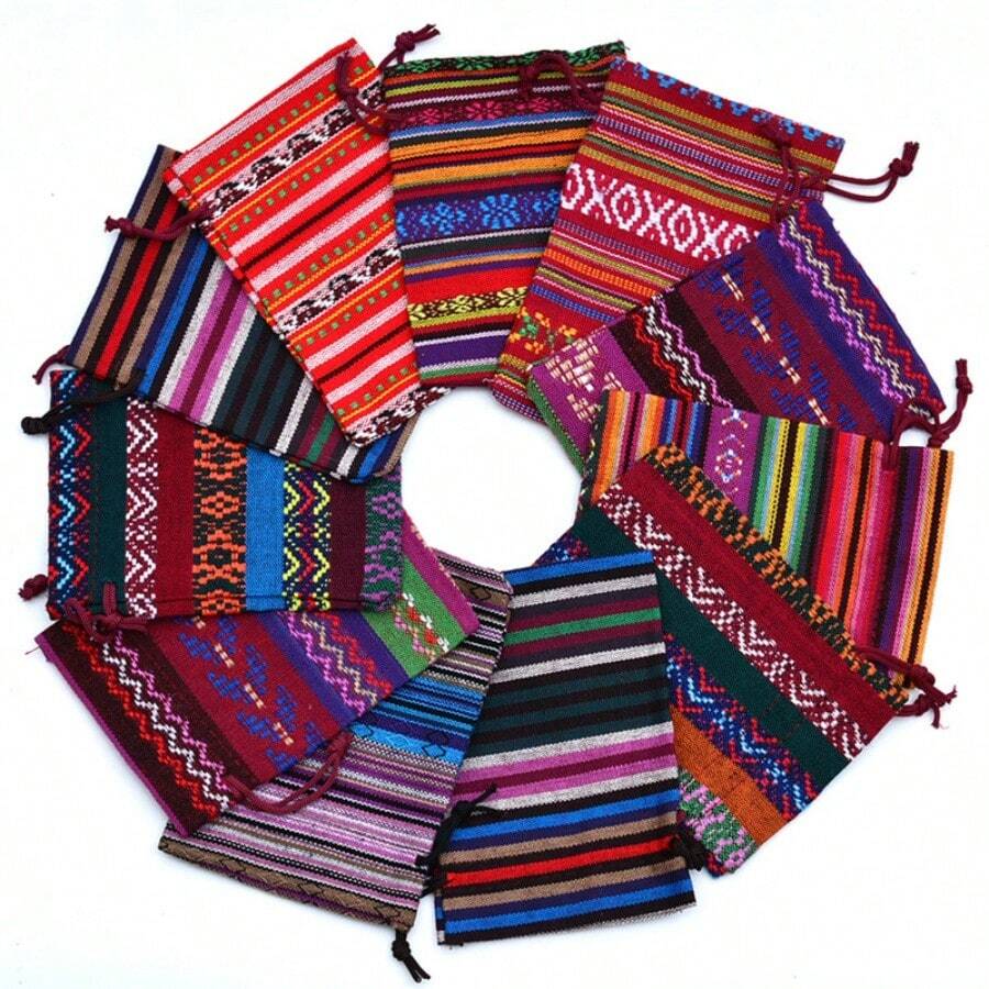 5pcs Linen Drawstring Bags, Bohemian Jewelry Cosmetic Gift Storage Pouches