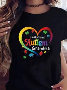 Vibrant Autistic Grandma Love Graphic Print T-Shirt Casual Shirt Cotton Crew Neck Top