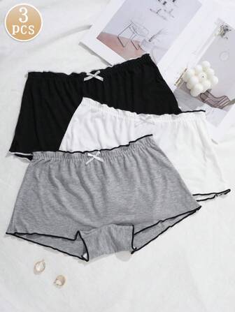 3pcs Women's Ruffled Bow Decor Breathable Simplemfit Briefs