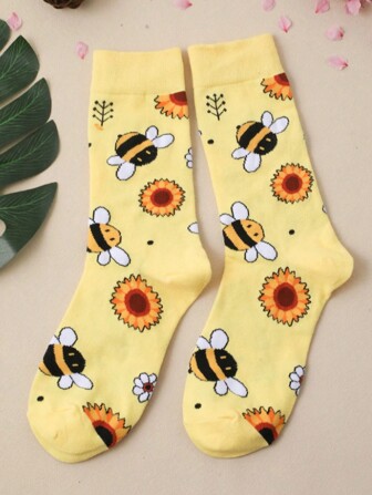 1pair Women Cartoon Sunflower & Bee Pattern Cute Crew Socks For Daily Life, Fall