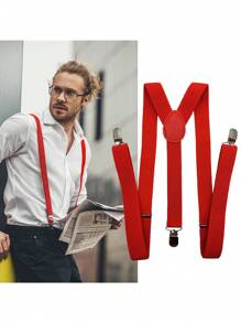 1pc Unisex Red Solid Color Adjustable 3-Clip Elastic Suspenders, Casual Suit Pants Accessory, Suitable As Valentine's Day Holiday Gift Halloween Accessories, Halloween Costumes Autumn-Winter Accessories Halloween Costume,Suitable For Teens, Youth,Men,Casual, Outdoor, Athletic, Vacation, Graduation Gifts, Birthday, Daily Wear - Red - View 1