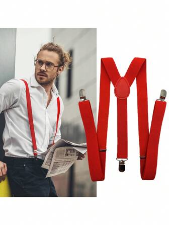 1pc Unisex Red Solid Color Adjustable 3-Clip Elastic Suspenders, Casual Suit Pants Accessory, Suitable As Valentine's Day Holiday Gift Halloween Accessories, Halloween Costumes Autumn-Winter Accessories Halloween Costume,Suitable For Teens, Youth,Men,Casual, Outdoor, Athletic, Vacation, Graduation Gifts, Birthday, Daily Wear