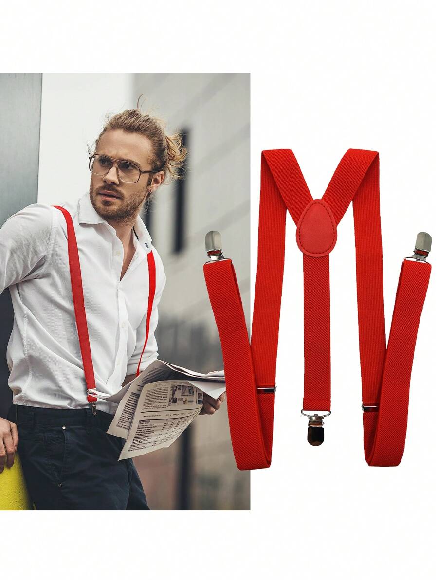 1pc Unisex Red Solid Color Adjustable 3-Clip Elastic Suspenders, Casual Suit Pants Accessory, Suitable As Valentine's Day Holiday Gift Halloween Accessories, Halloween Costumes Autumn-Winter Accessories Halloween Costume,Suitable For Teens, Youth,Men,Casual, Outdoor, Athletic, Vacation, Graduation Gifts, Birthday, Daily Wear - Red - View 1