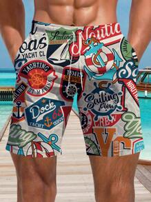 Men's 3D Summer Rudder Swimming Ring Letter Printed Beach Shorts,Hawaiian - Multicolor - View 1