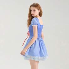 Women Cosplay Dress, Short Sleeve Square Neck Lace Patchwork Plaid Mini Dress Halloween A-Line Dress