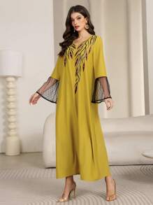 Women V-Neck Print Long Sleeve Mesh Casual Dress,Modest