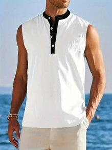 Chemise décontractée sans manches col Henley pour hommes, débardeur de mode d'été de couleur unie pour la plage