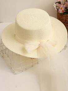 New Lace Pearl Mesh Bow Decor Straw Hat, Sweet Wide Brim Sun Hat For Summer Vacations, UV Protection, Fashionable & Versatile Casual Boho Vintage Streetwear, Polyester, Bow Accent, Spring/Summer