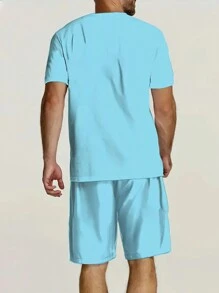 Men's Casual Summer Set: Coconut Tree Print T-Shirt & Drawstring Shorts - Breathable Polyester, Machine Washable - Multicolor - View 2