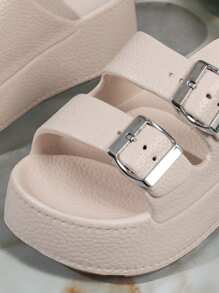 Beige Thick-Soled Double-Buckle Platform Slippers, Increase Height, Wear Indoors & Outdoors, Fashionable & Comfortable For Vacation, Beach, 2025 New Arrivals