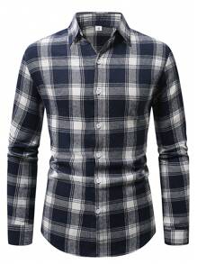 Blue And White Plaid Casual Business Long Sleeve Shirt
