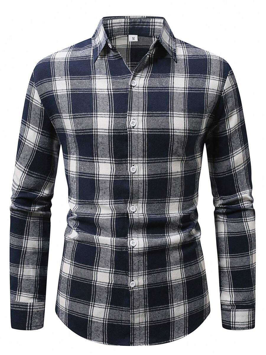 Blue And White Plaid Casual Business Long Sleeve Shirt