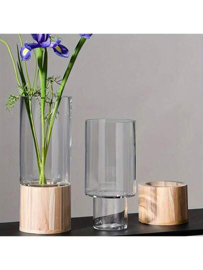 1pc Nordic Acrylic Flower Vase Wooden Base Perfect Home Bloemen Arrangements Back To School Room Supplies Glass view 2