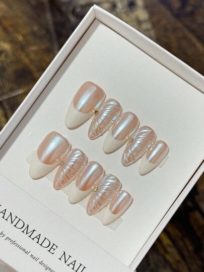 Manícure de uñas de metal para pegar, punta francesa con diseño de espejo mágico plateado en forma de almendra, suministros para arte de uñas para ocasión de boda, uñas postizas