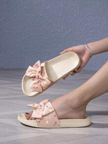1 par de cómodas y elegantes zapatillas casuales con diseño de lunares y lazo, estilo princesa de suela plana, para adolescentes, primavera/verano - Rosa - Ver 2