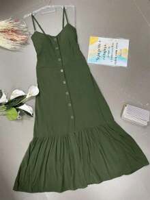 Long Dress In Viscose, Plain, Straps, Buttons On The Front, Cups And Lining. Elastex On The Back - Army Green - View 2