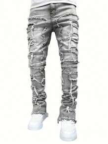 Men's Creative Fringe Straight Leg Jeans, Men's Casual Medium Stretch Street Style Hip Hop Barrel Jeans