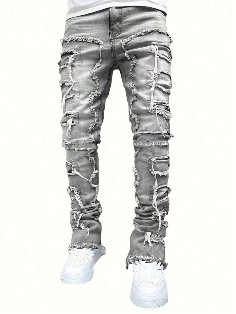 Men's Creative Fringe Straight Leg Jeans, Men's Casual Medium Stretch Street Style Hip Hop Barrel Jeans