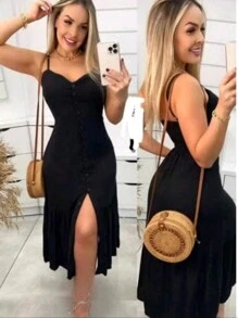 Long Dress In Viscose, Plain, Straps, Buttons On The Front, Cups And Lining. Elastex On The Back - Negro - Ver 8