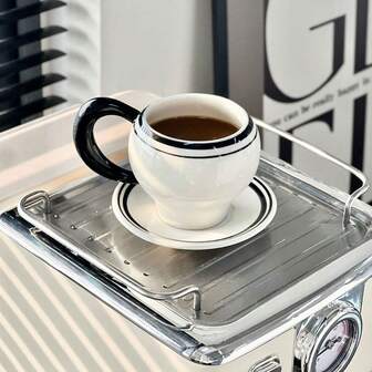 1pc Vintage Black Line Decor Coffee Cup & Saucer Set, Elegant High-Quality Latte/Milk Cup For Home, Cafe, Afternoon Tea