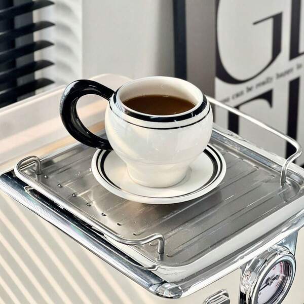 1pc Vintage Black Line Decor Coffee Cup & Saucer Set, Elegant High-Quality Latte/Milk Cup For Home, Cafe, Afternoon Tea