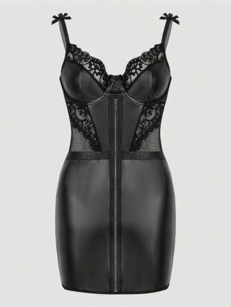 PU Leather Sexy Zip Up Dress With Mesh Pants Sexy 2 Pieces Set, Rave