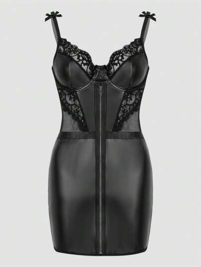 PU Leather Sexy Zip Up Dress With Mesh Pants Sexy 2 Pieces Set, Rave