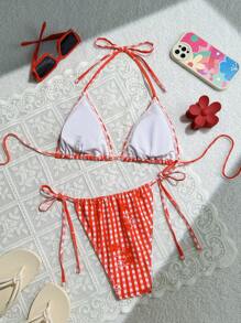 女士夏季沙滩格子花朵裹胸前吊带性感比基尼泳装套装 - 彩色 - 查看 2