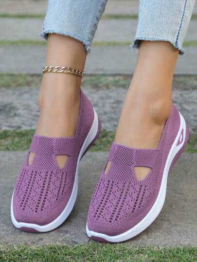 Zapatillas de mujer de unicolor, transpirables, con suela blanda, tipo slip-on para caminar, zapatos casuales de punto, sandalias planas, ligeras y cómodas, versátiles y transpirables