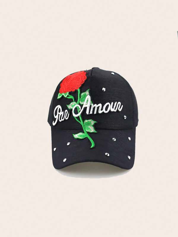 1pc Plant Motif Casual Polyester & Spandex Baseball Cap With Rhinestones Decor, Spring/Summer