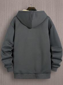 男士休闲保暖加厚抓绒连帽卫衣，秋冬季长袖上衣 - 深灰色 - 查看 2